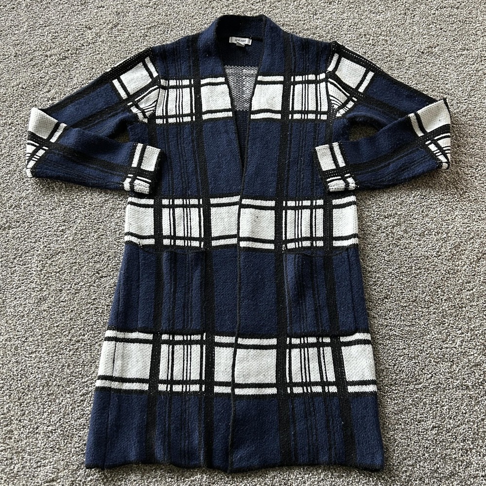Nine West Cardigan Sweater Womens XS Blue Plaid Open Front Knit Longline Duster